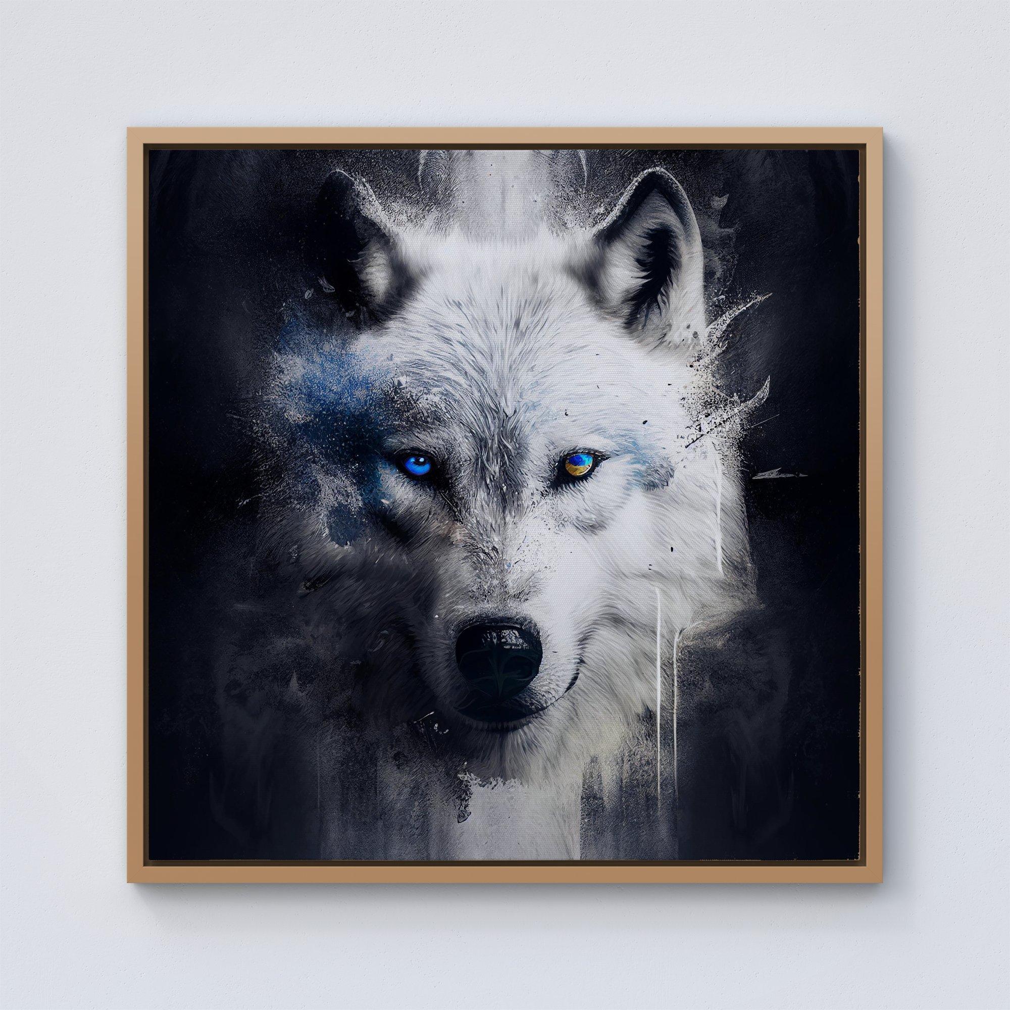 White Wolf Face Splashart Dark Backgrouns Framed Canvas